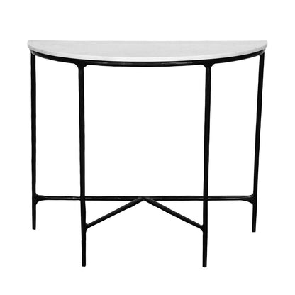 36" White and Black Genuine Marble and Iron Half Moon Console Table HomeRoots