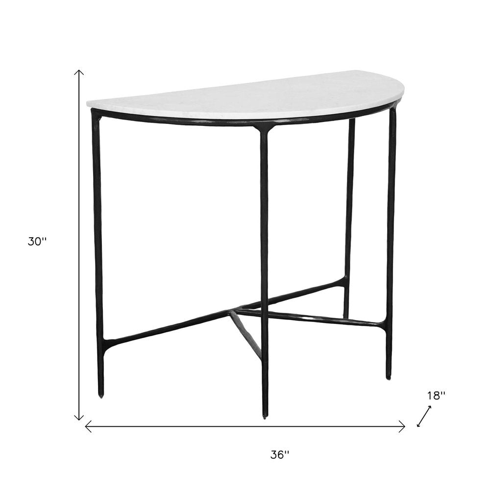 36" White and Black Genuine Marble and Iron Half Moon Console Table HomeRoots