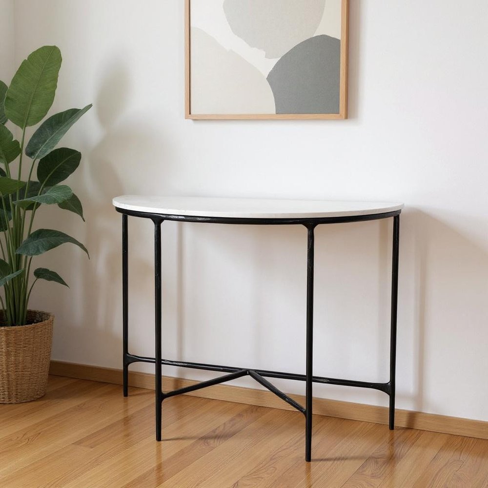 36" White and Black Genuine Marble and Iron Half Moon Console Table HomeRoots