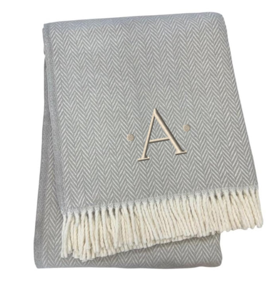 55" X 70" Gray And White Herringbone Cotton Blend A Initial Throw Blanket with Tassels And Embroidery HomeRoots