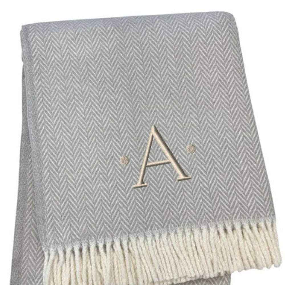 55" X 70" Gray And White Herringbone Cotton Blend A Initial Throw Blanket with Tassels And Embroidery HomeRoots
