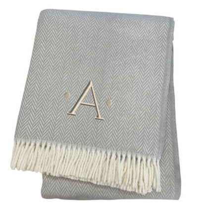 55" X 70" Gray And White Herringbone Cotton Blend A Initial Throw Blanket with Tassels And Embroidery HomeRoots