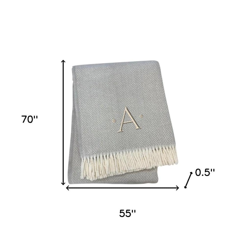55" X 70" Gray And White Herringbone Cotton Blend A Initial Throw Blanket with Tassels And Embroidery HomeRoots