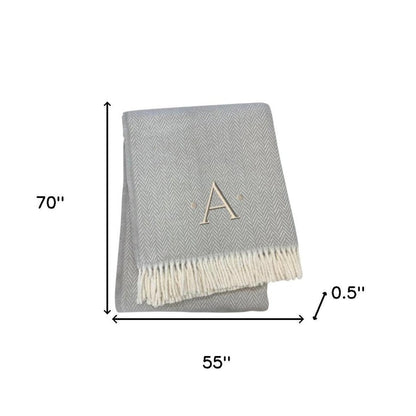 55" X 70" Gray And White Herringbone Cotton Blend A Initial Throw Blanket with Tassels And Embroidery HomeRoots