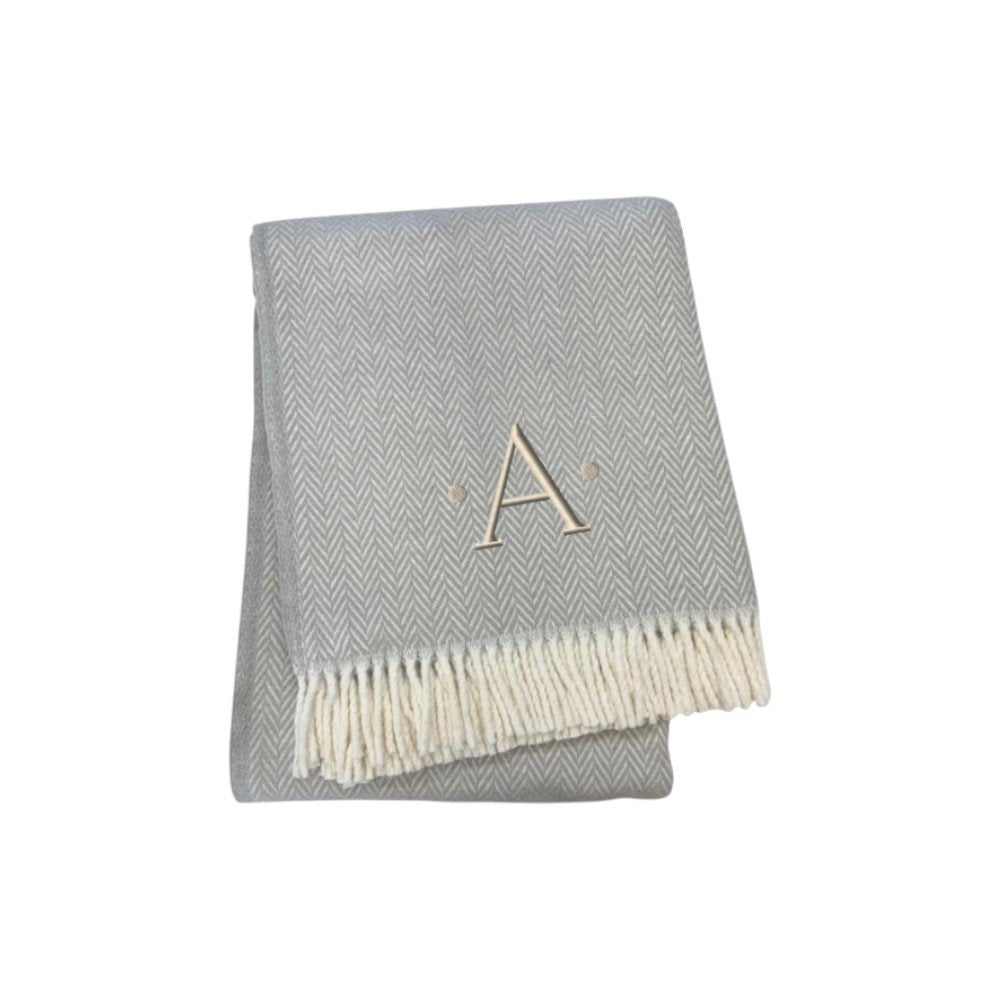 55" X 70" Gray And White Herringbone Cotton Blend A Initial Throw Blanket with Tassels And Embroidery HomeRoots