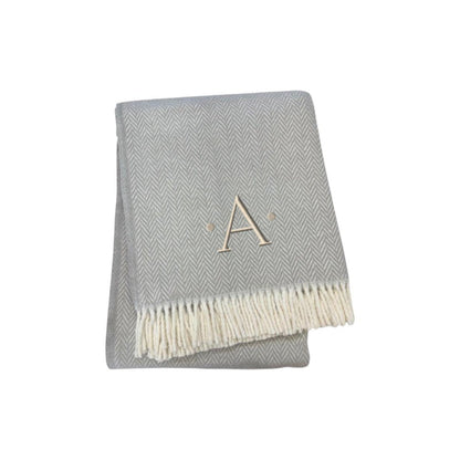 55" X 70" Gray And White Herringbone Cotton Blend A Initial Throw Blanket with Tassels And Embroidery HomeRoots
