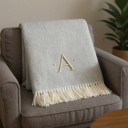 55" X 70" Gray And White Herringbone Cotton Blend A Initial Throw Blanket with Tassels And Embroidery HomeRoots