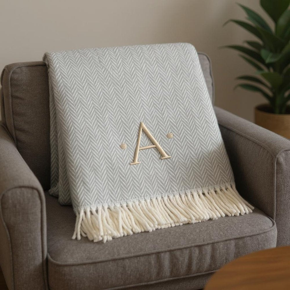 55" X 70" Gray And White Herringbone Cotton Blend A Initial Throw Blanket with Tassels And Embroidery HomeRoots