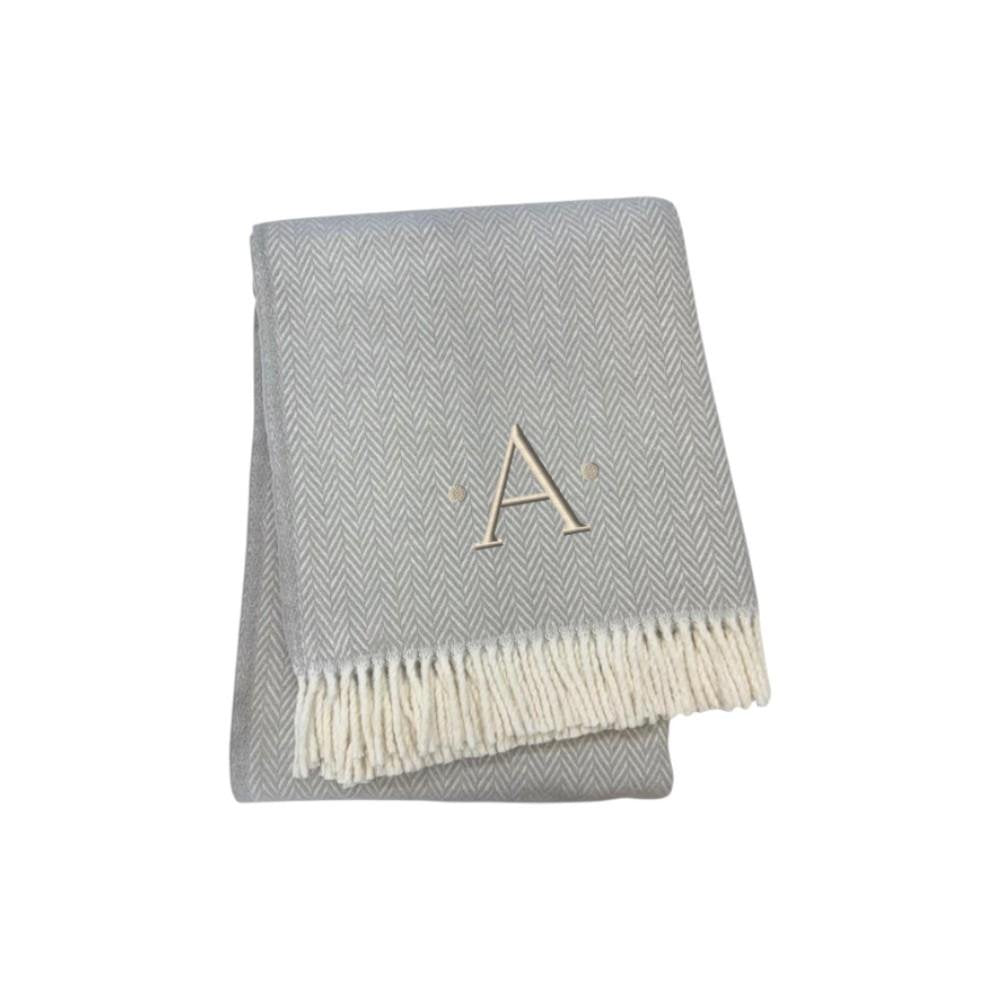 55" X 70" Gray And White Herringbone Cotton Blend J Throw Blanket with Tassels And Embroidery