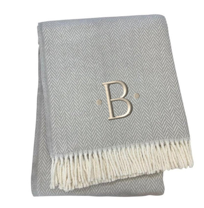 55" X 70" Gray And White Herringbone Cotton Blend A Initial Throw Blanket with Tassels And Embroidery HomeRoots
