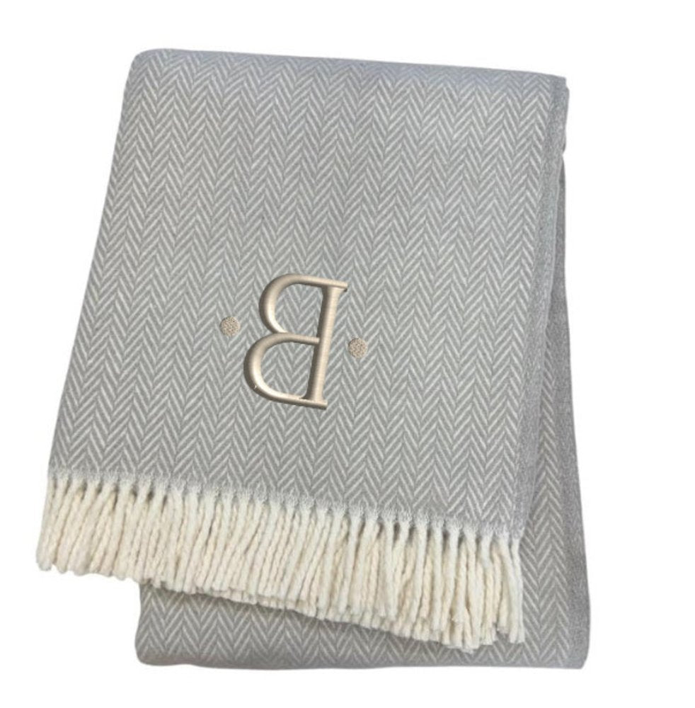 55" X 70" Gray And White Herringbone Cotton Blend A Initial Throw Blanket with Tassels And Embroidery HomeRoots
