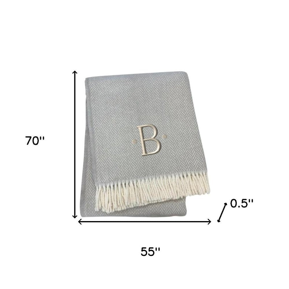 55" X 70" Gray And White Herringbone Cotton Blend A Initial Throw Blanket with Tassels And Embroidery HomeRoots