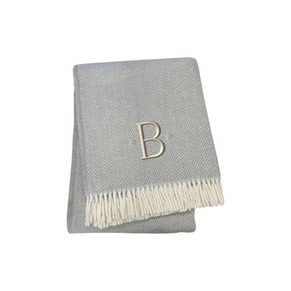 55" X 70" Gray And White Herringbone Cotton Blend A Initial Throw Blanket with Tassels And Embroidery HomeRoots
