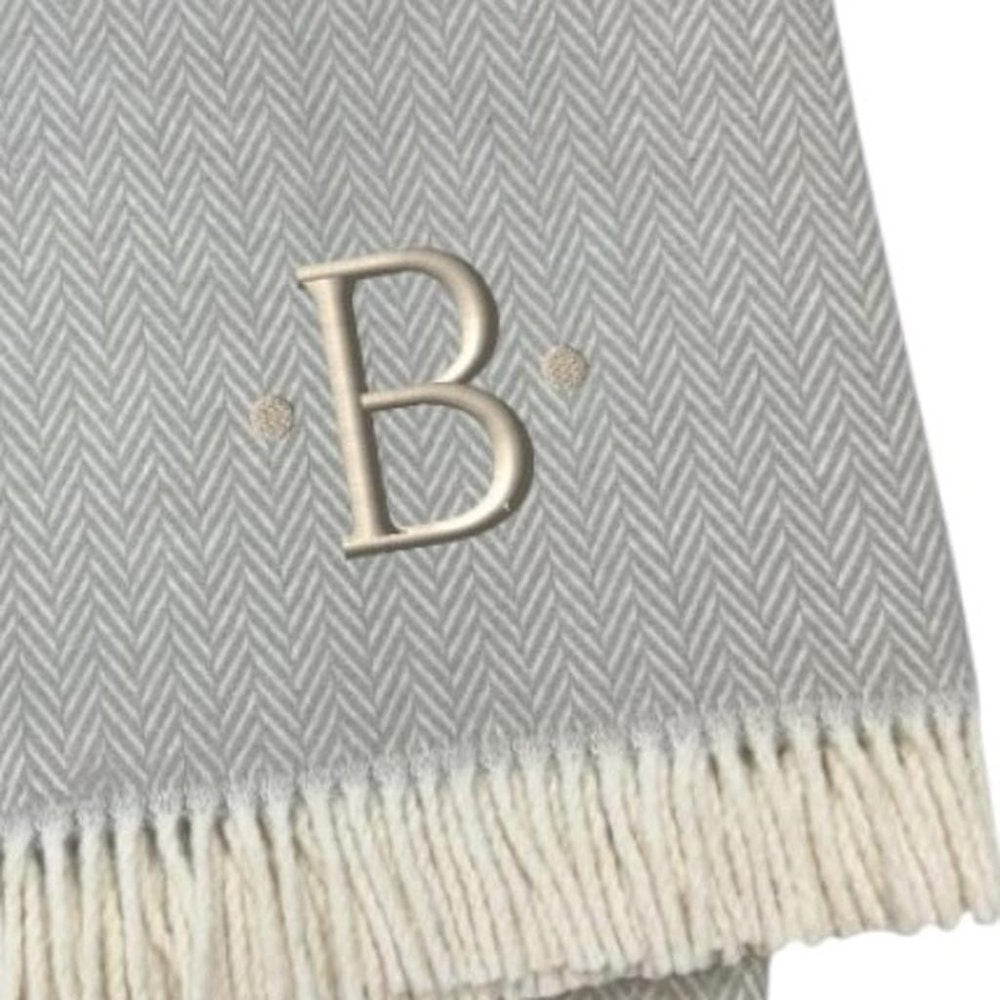 55" X 70" Gray And White Herringbone Cotton Blend A Initial Throw Blanket with Tassels And Embroidery HomeRoots