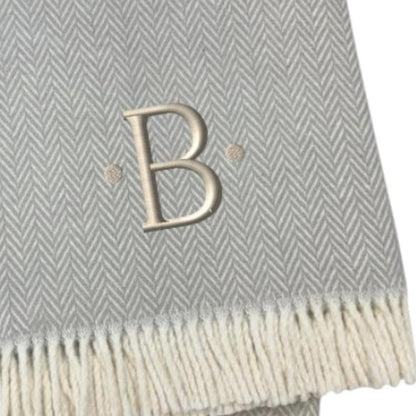 55" X 70" Gray And White Herringbone Cotton Blend A Initial Throw Blanket with Tassels And Embroidery HomeRoots