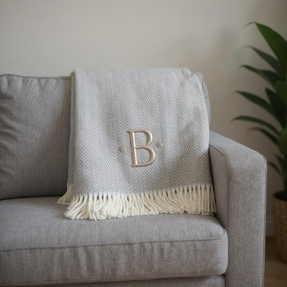 55" X 70" Gray And White Herringbone Cotton Blend A Initial Throw Blanket with Tassels And Embroidery HomeRoots