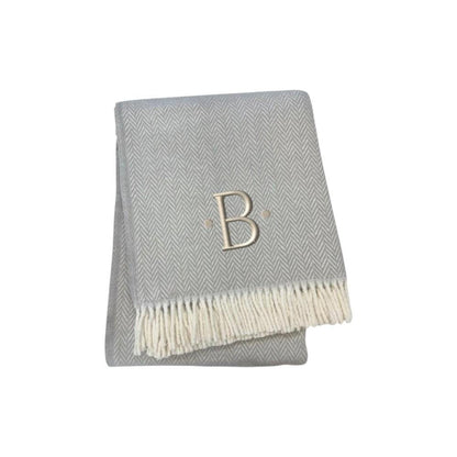 55" X 70" Gray And White Herringbone Cotton Blend J Throw Blanket with Tassels And Embroidery