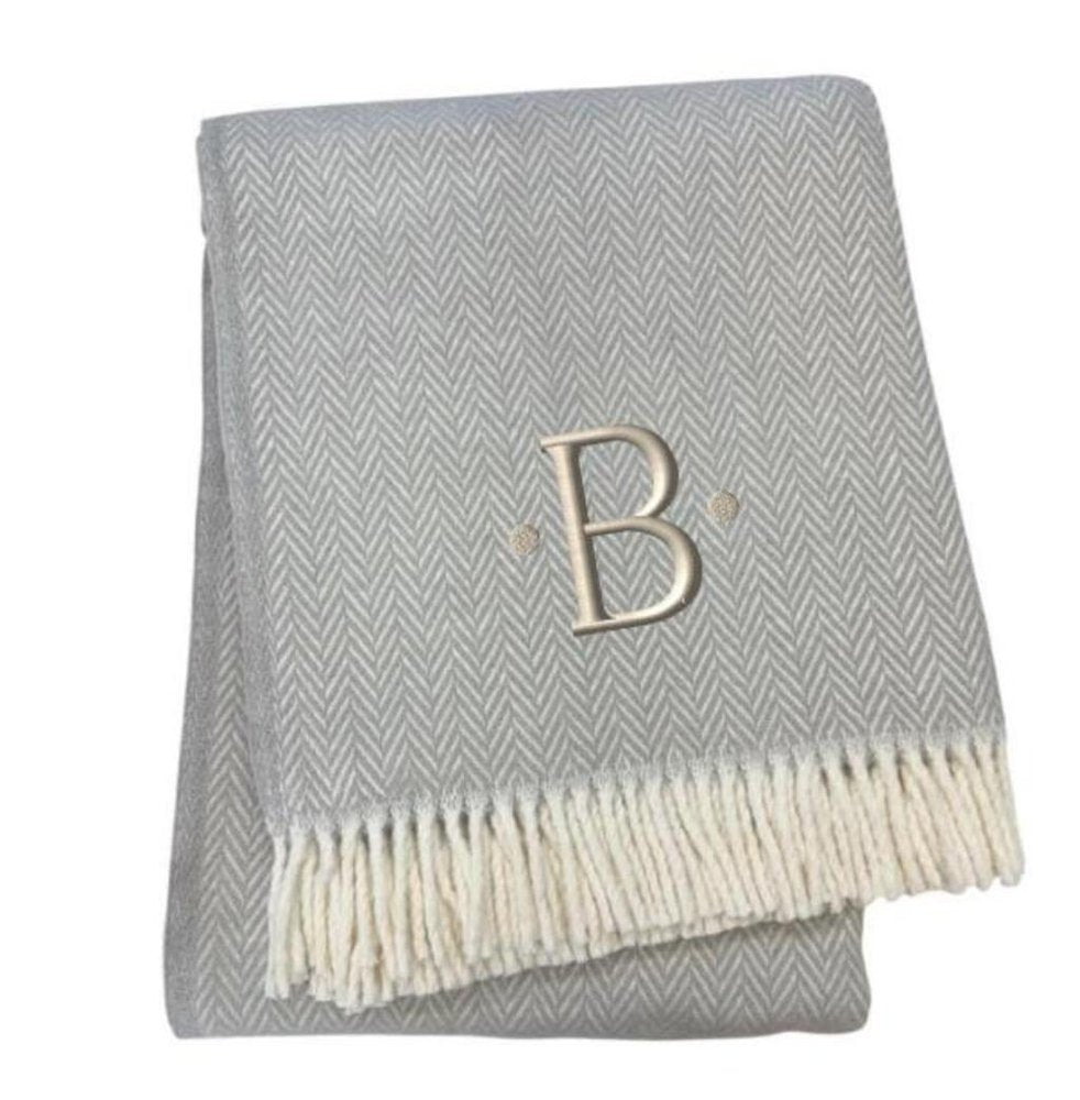 55" X 70" Gray And White Herringbone Cotton Blend J Throw Blanket with Tassels And Embroidery