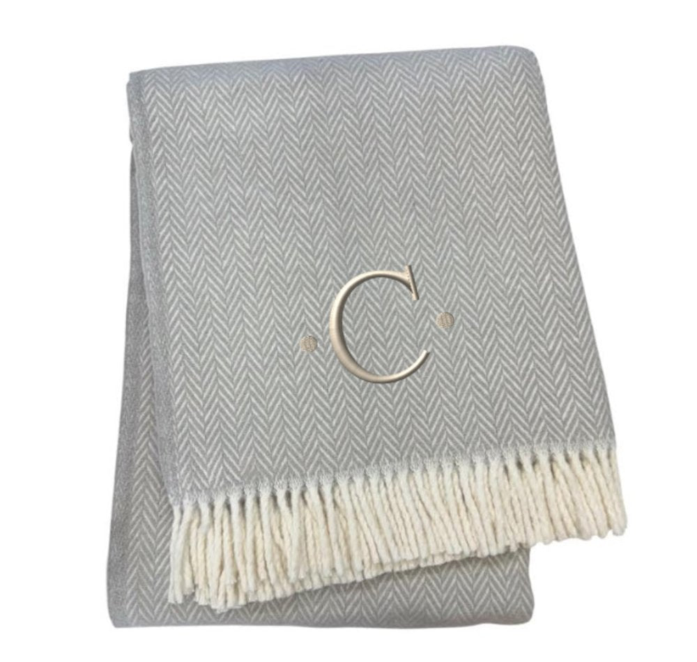 55" X 70" Gray And White Herringbone Cotton Blend A Initial Throw Blanket with Tassels And Embroidery HomeRoots