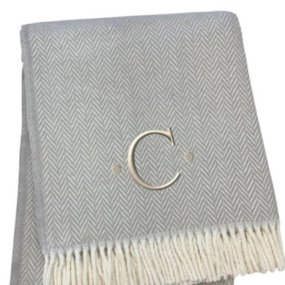 55" X 70" Gray And White Herringbone Cotton Blend A Initial Throw Blanket with Tassels And Embroidery HomeRoots