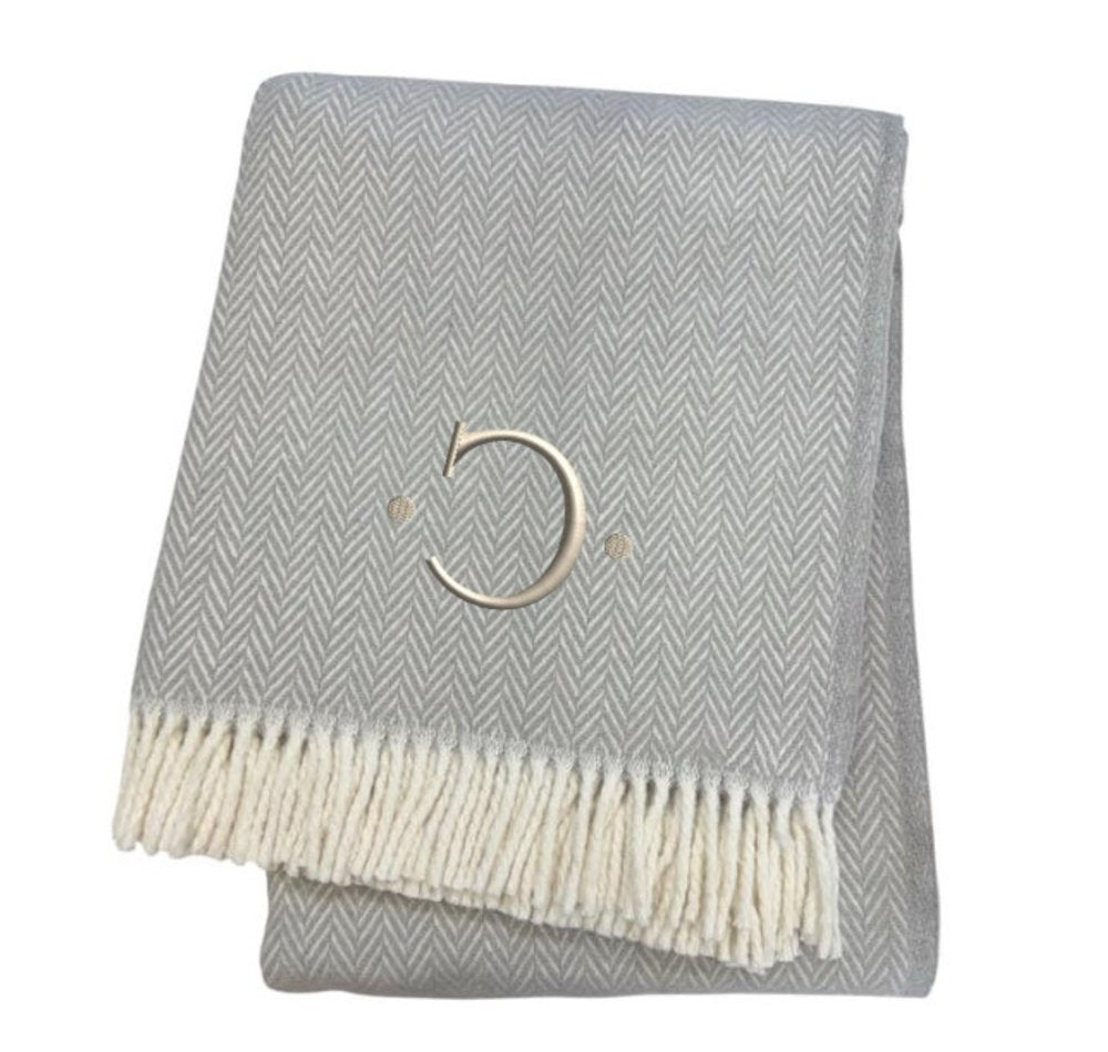 55" X 70" Gray And White Herringbone Cotton Blend A Initial Throw Blanket with Tassels And Embroidery HomeRoots