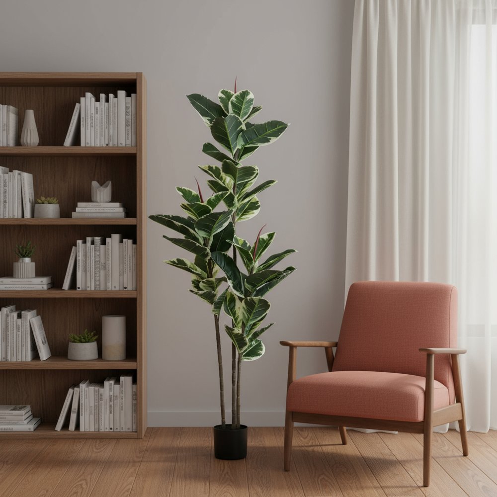 63" Green Artificial Rubber Tree In Cylindrical Black Cement Pot HomeRoots