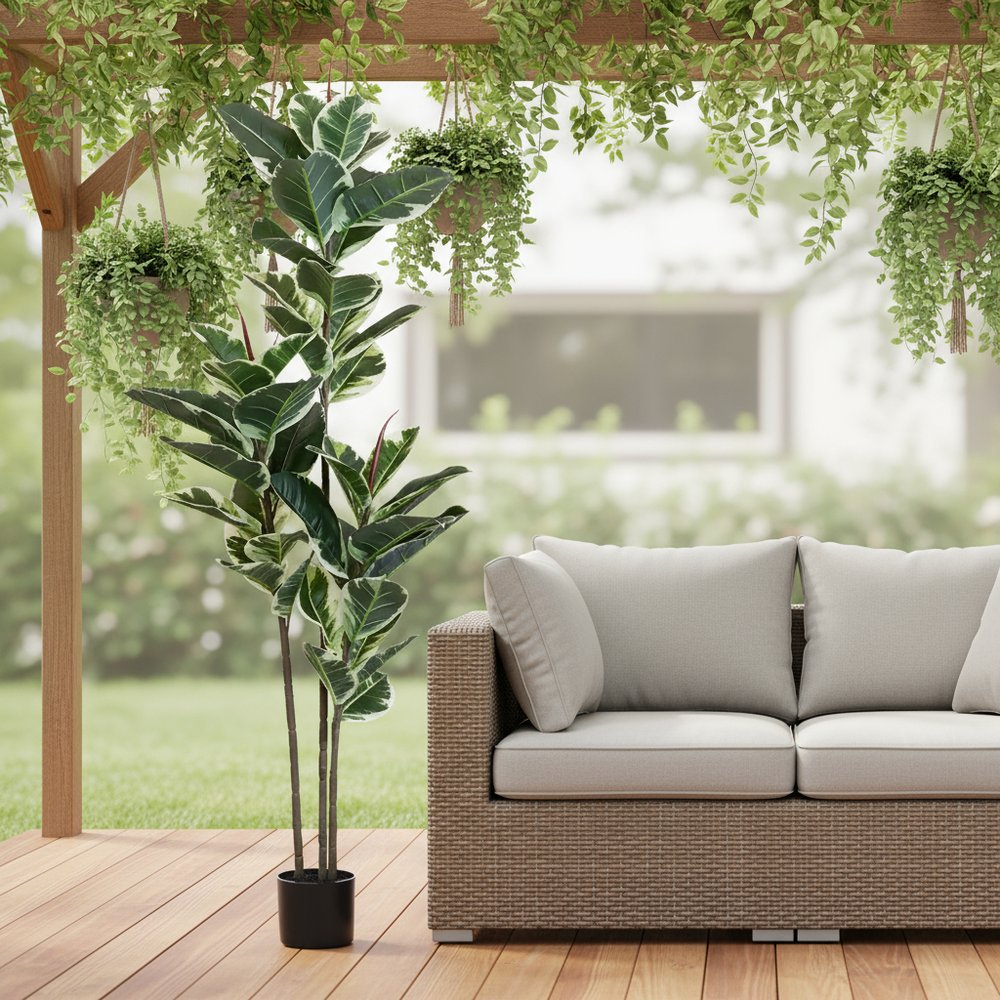 63" Green Artificial Rubber Tree In Cylindrical Black Cement Pot HomeRoots