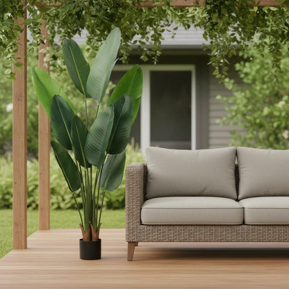 63" Green Artificial Banana Leaf Tree In Cylindrical Black Cement Pot HomeRoots