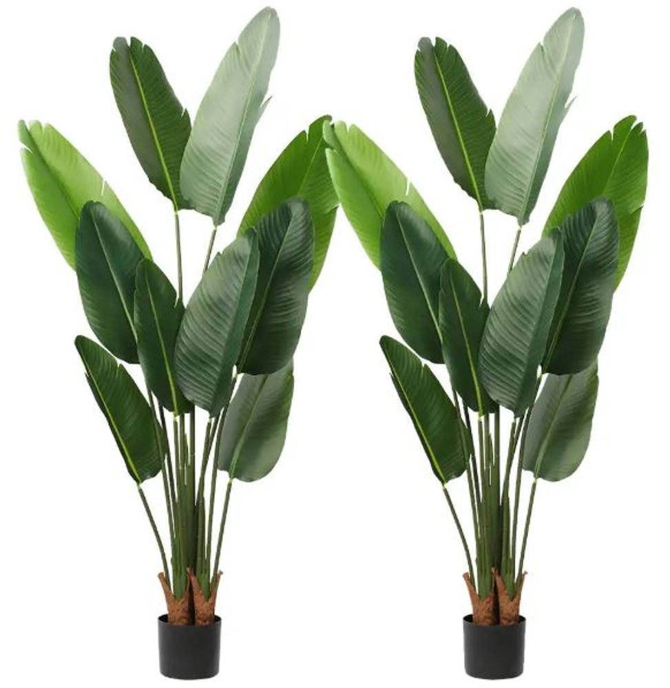 Set of Two 7" Green Artificial Banana Leaf In Cylindrical Black Cement Pot HomeRoots