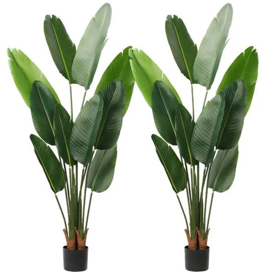 Set of Two 7" Green Artificial Banana Leaf In Cylindrical Black Cement Pot HomeRoots