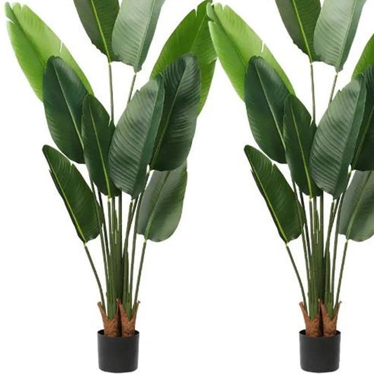 Set of Two 7" Green Artificial Banana Leaf In Cylindrical Black Cement Pot HomeRoots