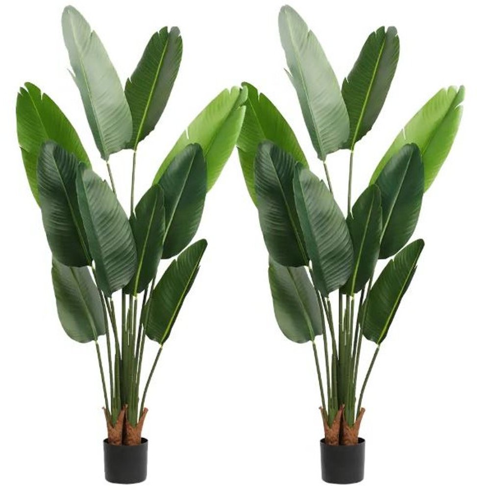 Set of Two 7" Green Artificial Banana Leaf In Cylindrical Black Cement Pot HomeRoots
