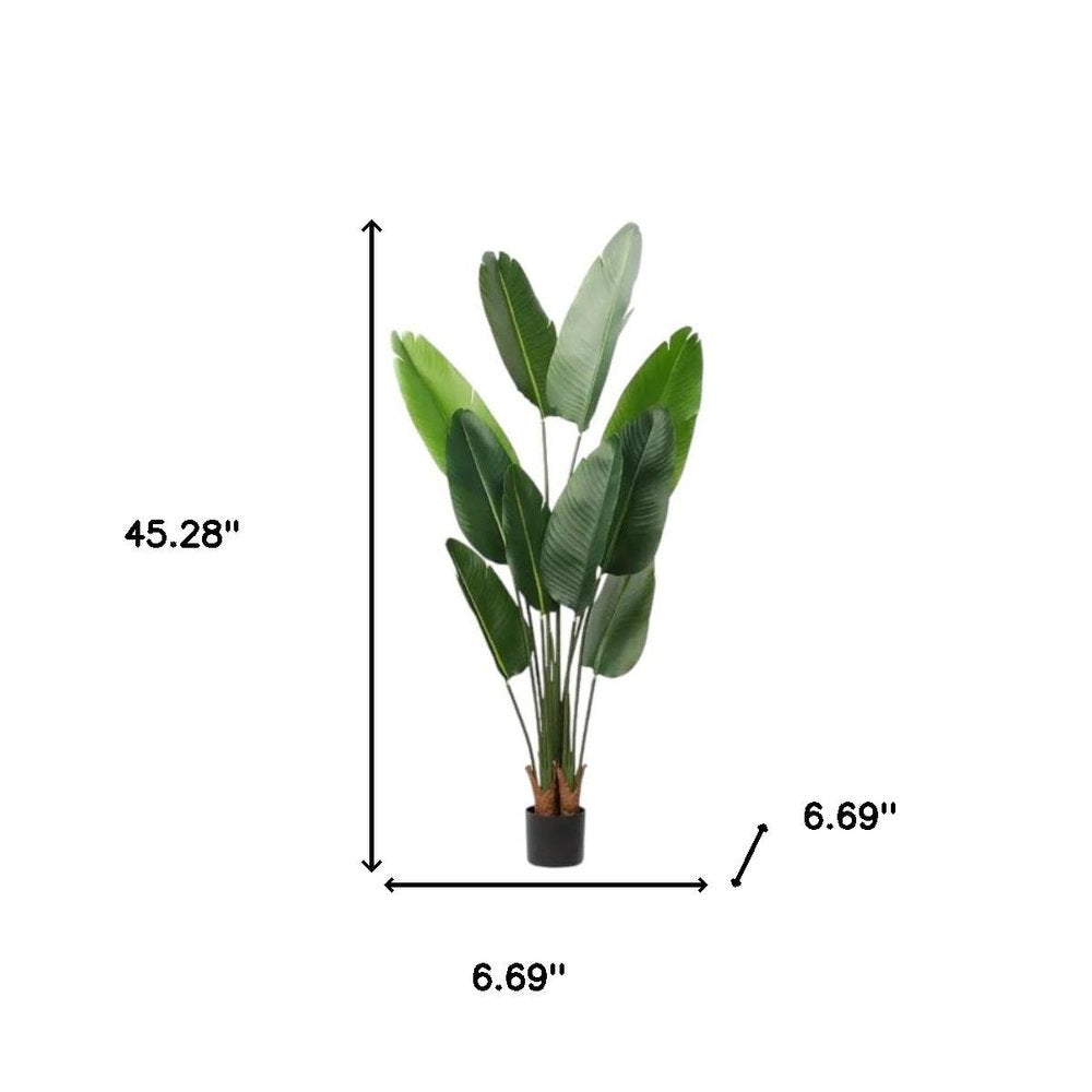 Set of Two 7" Green Artificial Banana Leaf In Cylindrical Black Cement Pot HomeRoots