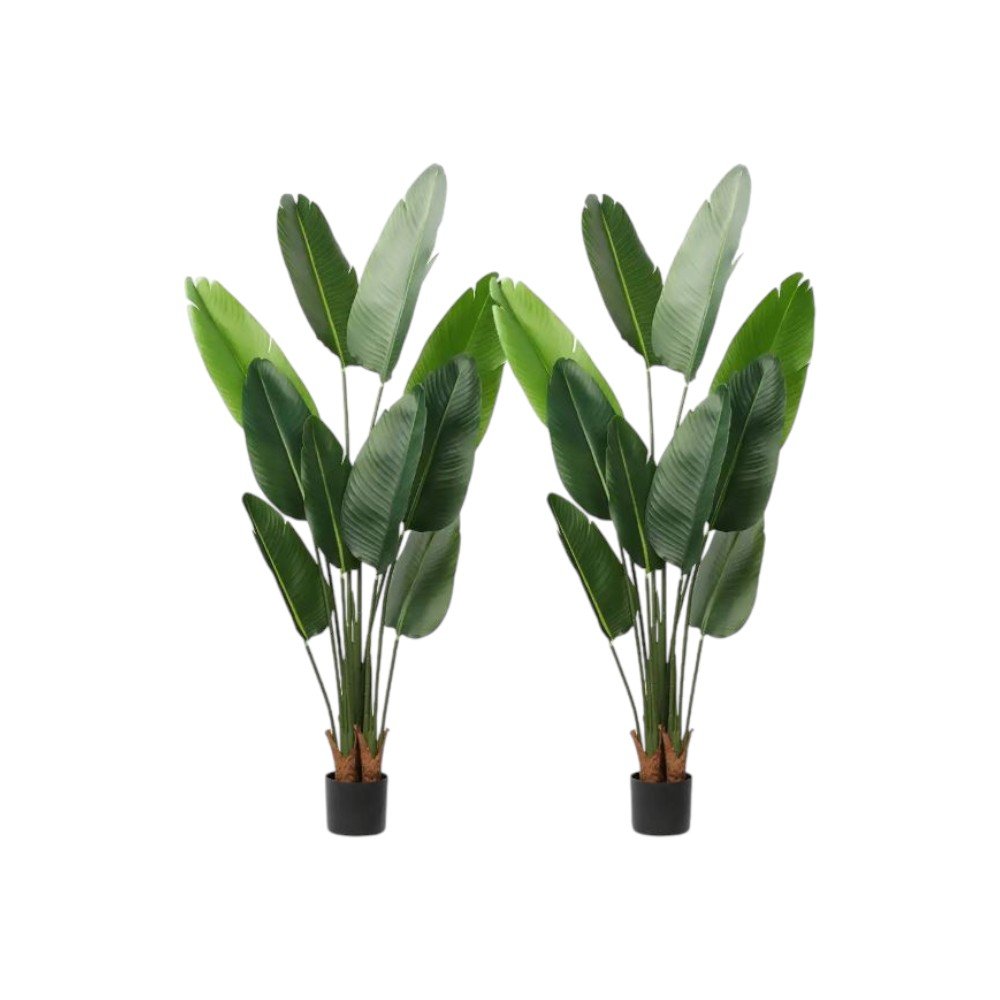Set of Two 7" Green Artificial Banana Leaf In Cylindrical Black Cement Pot HomeRoots