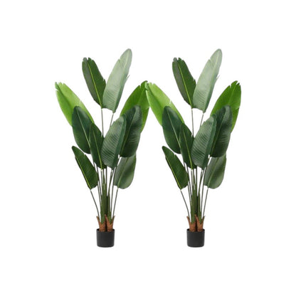 Set of Two 7" Green Artificial Banana Leaf In Cylindrical Black Cement Pot HomeRoots