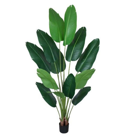 7" Green Artificial Banana Leaf In Cylindrical Black Cement Pot HomeRoots