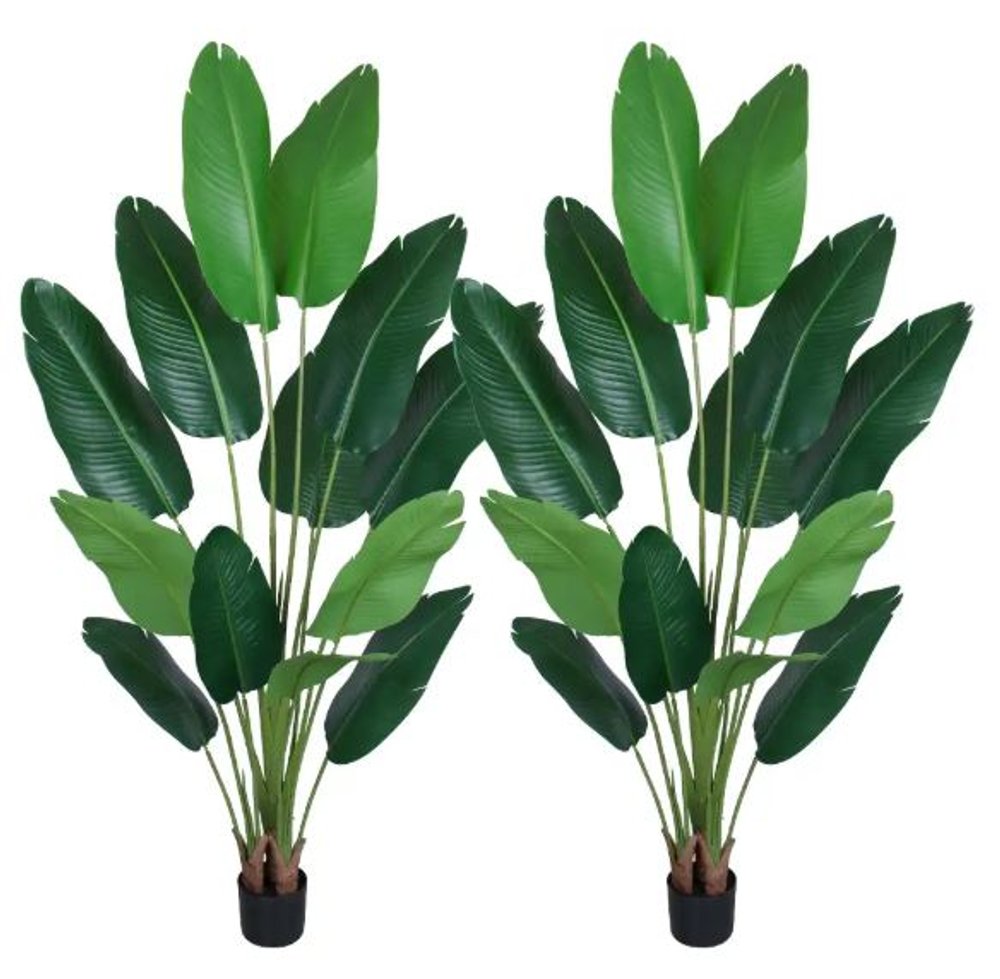 Set of Two 7" Green Artificial Banana Leaf In Cylindrical Black Cement Pot HomeRoots