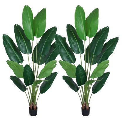 Set of Two 7" Green Artificial Banana Leaf In Cylindrical Black Cement Pot HomeRoots