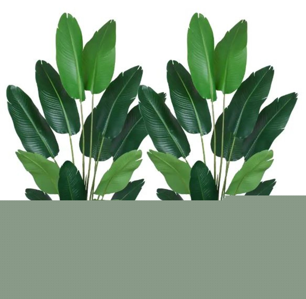Set of Two 7" Green Artificial Banana Leaf In Cylindrical Black Cement Pot HomeRoots