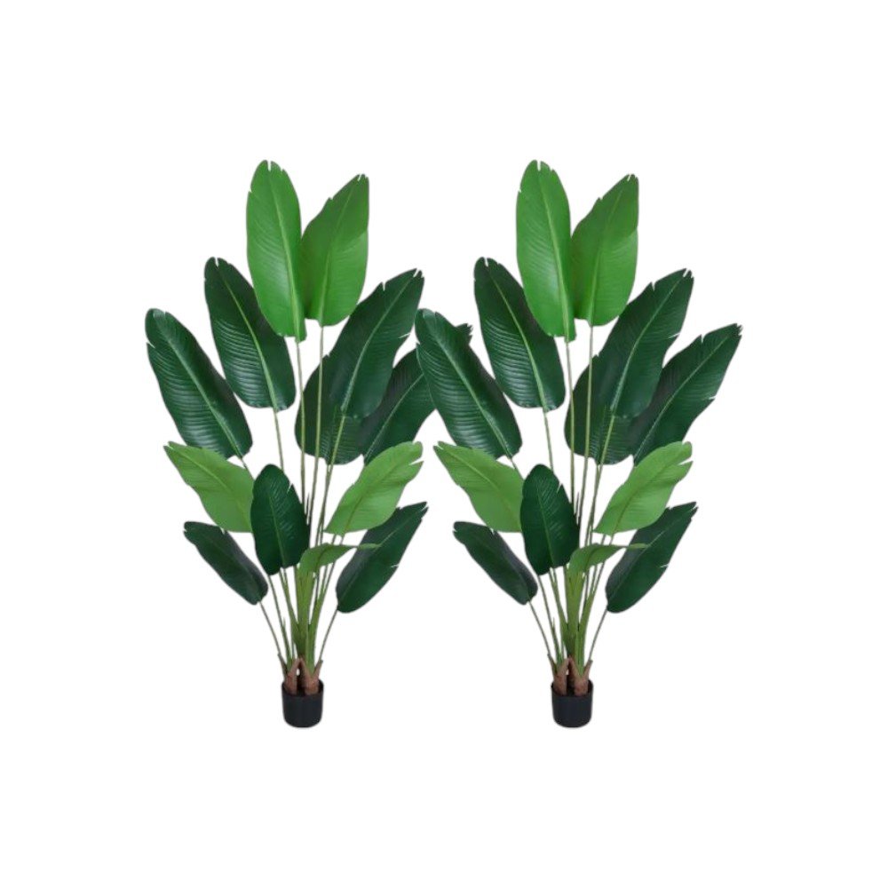 Set of Two 7" Green Artificial Banana Leaf In Cylindrical Black Cement Pot HomeRoots