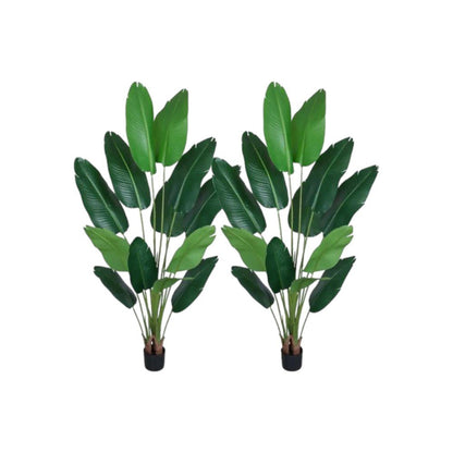 Set of Two 7" Green Artificial Banana Leaf In Cylindrical Black Cement Pot HomeRoots