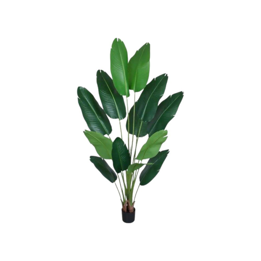 Set of Two 7" Green Artificial Banana Leaf In Cylindrical Black Cement Pot HomeRoots