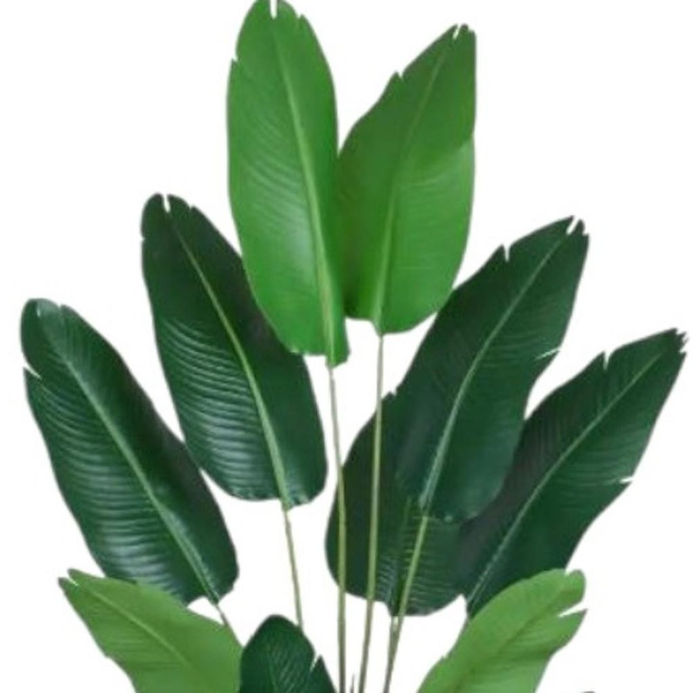 Set of Two 7" Green Artificial Banana Leaf In Cylindrical Black Cement Pot HomeRoots