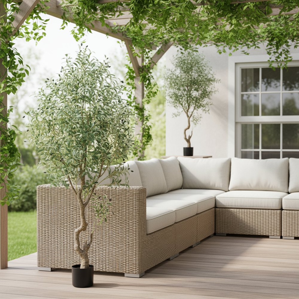 87" Green Artificial Olive Tree In Cylindrical Black Cement Pot HomeRoots