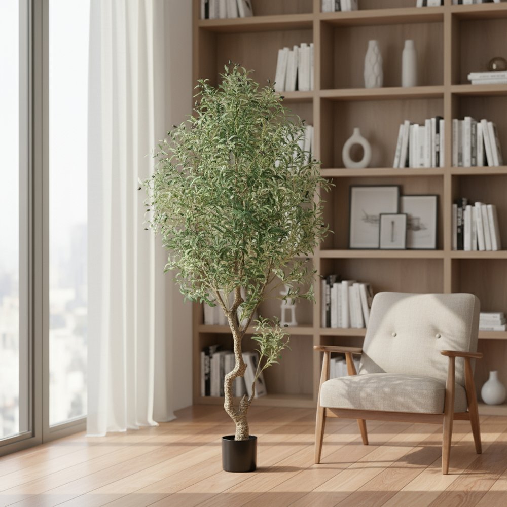 87" Green Artificial Olive Tree In Cylindrical Black Cement Pot HomeRoots