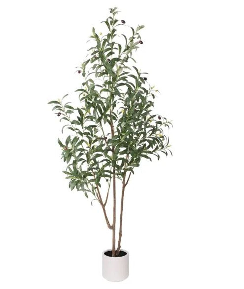 63" Green Artificial Olive Tree In Cylindrical White Cement Pot HomeRoots