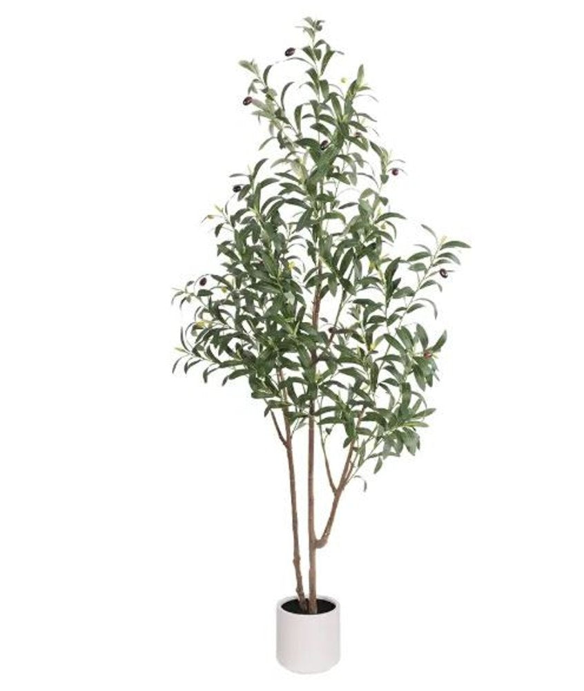 63" Green Artificial Olive Tree In Cylindrical White Cement Pot HomeRoots
