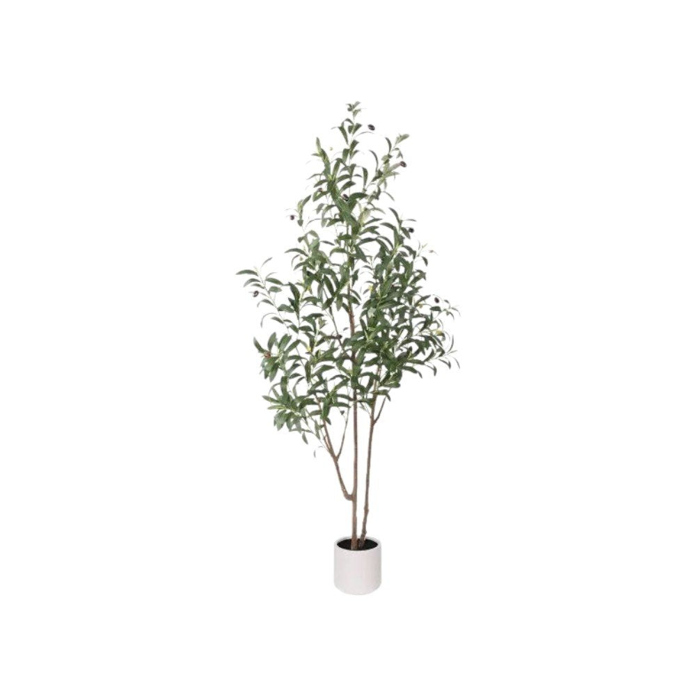 63" Green Artificial Olive Tree In Cylindrical White Cement Pot HomeRoots