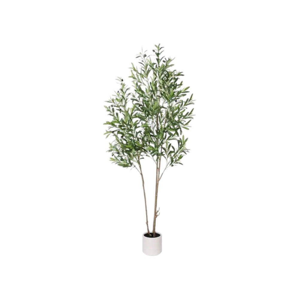 71" Green Artificial Olive Tree In Cylindrical White Cement Pot HomeRoots