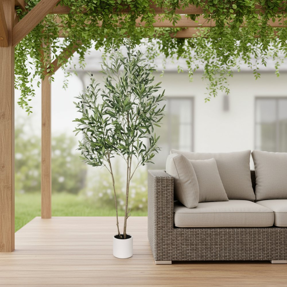 71" Green Artificial Olive Tree In Cylindrical White Cement Pot HomeRoots